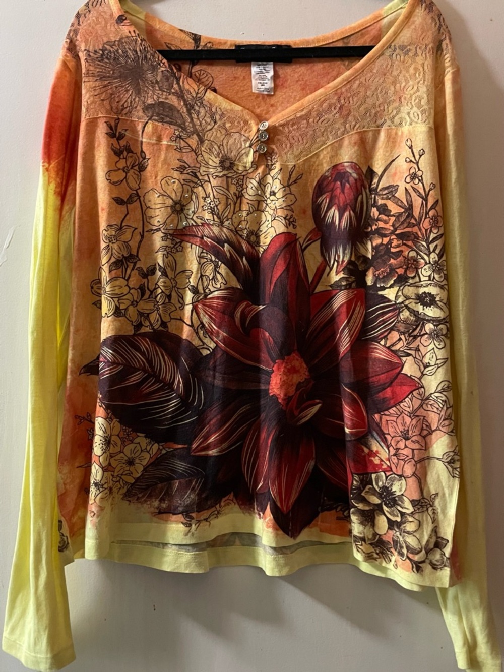 Yellow Floral V-Neck Tunic with Red Accent